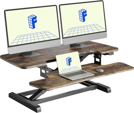 FLEXISPOT 36" Electric Standing Desk Converter, Motorized Sit to Stand Desk Riser, Height Adjustable Desktop Dual Monitor Workstation with Large Keyboard Tray, Rustic Color