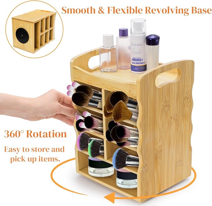Bamboo Art Supply Organizer, 360° Rotating Pen Holder with Handle, Holds 400+ Pencils, 15 Compartments Desktop Storage Stationary Caddy for Colored Pencil, Pens, Art Brushes, Crayon
