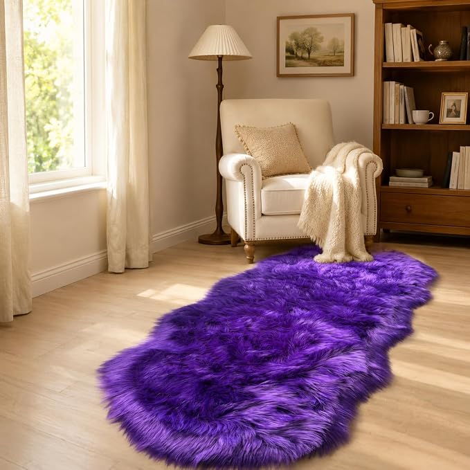 EasyJoy Faux Sheepskin Rug, Fluffy Faux Fur Rug, Ultra Soft Shag Area Rug with Non-Slip Backing for Bedroom, Living Room, Nursery, Kids Room(2 x 6 ft Sheepskin, Dark Purple)