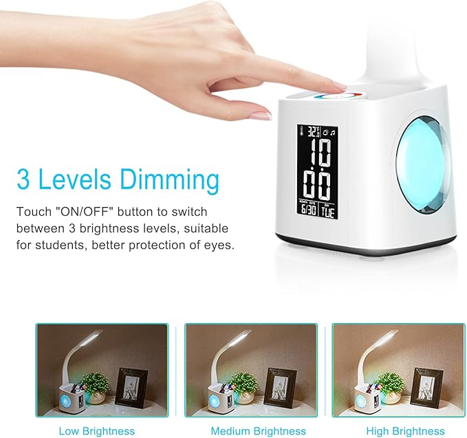 7-in-1 Study Desk Lamp with USB Charging, Screen, Calendar, Color Night Light, Kids LED Table Lamp with Pen Holder, Clock, Reading Light, 10W
