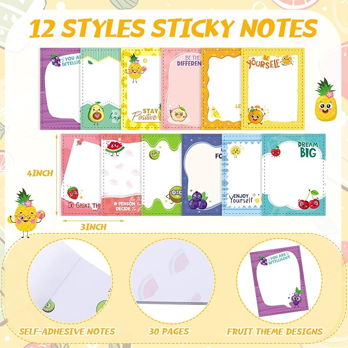 12 Pcs Fun Inspirational Sticky Notes 3 x 4 Inch Motivational Fruit Notepads Cute Post Positive Appreciation Sticky Notes Positive Gifts for Office Nurse Coworkers Supplies