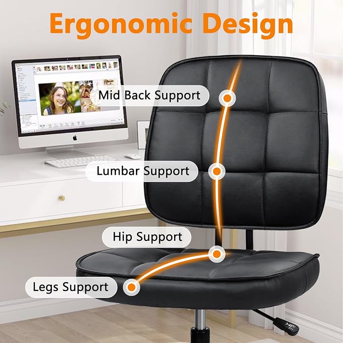 CLATINA Home Office Chair No Arms with Wheels, Armless Small Leather Ergonomic Low Back Desk Chairs Adjustable Height 360° Swivel Rolling Computer Task Chair for Work Conference Room, Black, 2 Pack