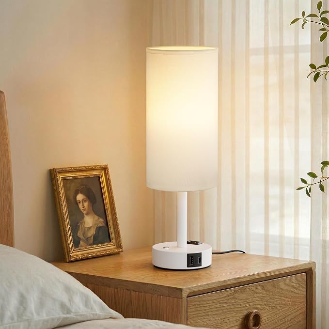 Touch Bedside Table Lamp with Memory - Stepless Dimmable Lamp for Bedroom, Small Nightstand Lamp with Dual USB Charging Ports and AC Outlet, Wood Night Light, Desk Lamp for Nursery (White & White)
