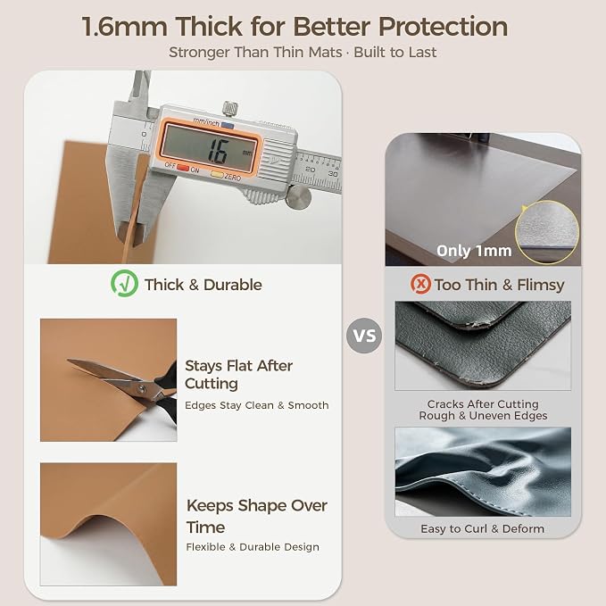 1.6mm Thick Leather 10x34 Inch Non-Slip Mat, Waterproof Countertop Protector, Slim Shelf/Small Coffee Station Topper, Caramel Brown