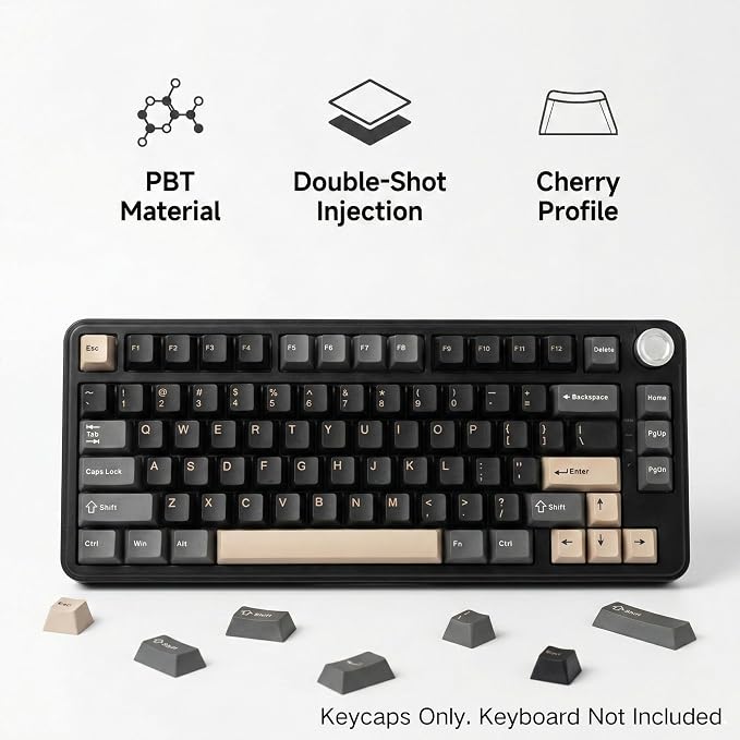126 Keys PBT Double Shot Keycaps, Beige Black Retro Keycap Set, Cherry Profile Minimalist Grey Style, for Mechanical Keyboard 60% 65% 75% 100% Cherry MX Switches