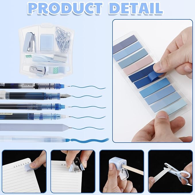 Colarr Mini Office Supply Kit Include Stapler Tape Dispenser Staple Remover Paper Clip Scissor Staple Pen Sharpener Note Small Telescopic Knife for Office Back to School Supplies Student Clerk(Blue)