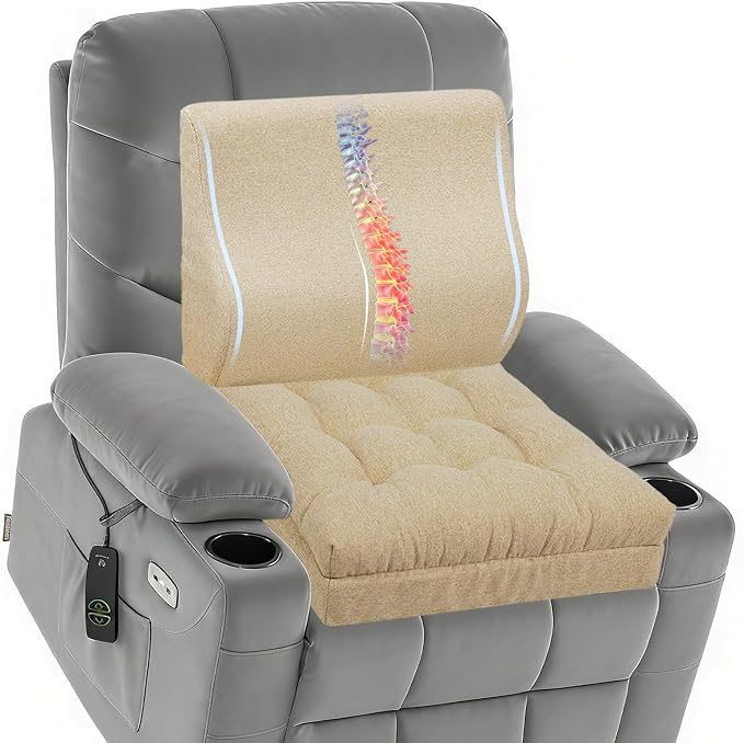 baibu Extra Large Memory Foam Recliner Cushions with Lumbar Support Pillow for Elderly, 20x20x5 Inch Thick Dual-Layer Patent Design Non-Slip Recliner Seat Cushion for Reduce Hip & Lumbar Pain, Beige