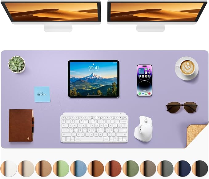 Aothia Dual-Sided Desk Mat, FSC Cork & PU Leather Desk Pad, Large Mouse Pad & Writing Surface for Extended Desk Setup, Non-Slip Waterproof Desk Protector - 47" x 17", Light Purple