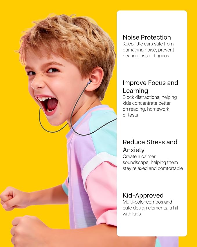Kids Noise Reduction Ear Plugs(6+yrs) – Reusable Child Ear Protection for Sensitive Ears, Comfortable Earplugs for School, Travel, Focus, Concert, Sleep & Loud Events, 26dB Hearing Protection, 1Pair