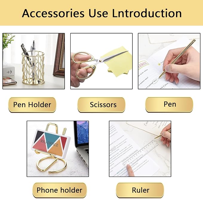 suniya Office Supplies,Gold Desk Accessories,with Stapler,Tape Dispenser,Pen Holder,Scissors,Phone Stand,Staple Remover,Ballpoint Pen,Clear Tape, Staples,Ruler,Clips,Best Gift for Business or Boss