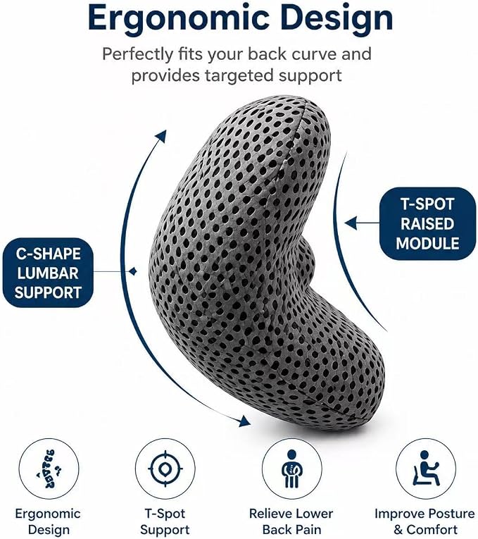 Ergonomic Lumbar Support Pillow, Memory Foam Back Cushion | Back Pillow for Low Back Pain Relief, Ergonomic Streamline Car Seat, Office Chair, Recliner and Bed