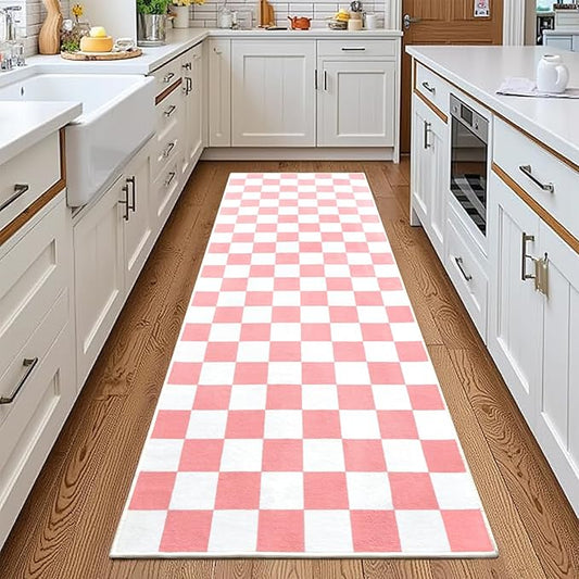 Terrug Pink and White Checkered Area Rug for Kitchen,2x6 Runner Rugs Washable with Non Slip for Bedroom,Soft Low Pile Stain Resistance Retro Carpet for Entryway Hallway