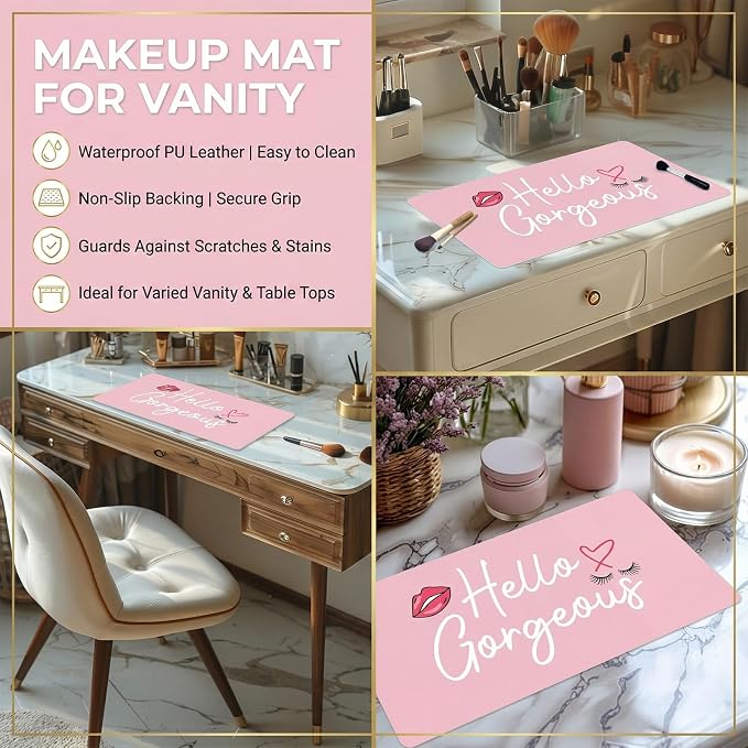 Makeup Mat for Vanity Top Protector, Dual-Sided Vanity Mat Waterproof Dressing Desk Makeup Table Cover Pad Hello Gorgeous (Baby Pink/Silver, 23.6"x11.8")
