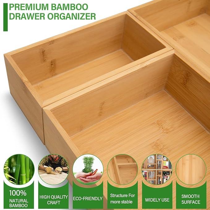 LEIMO KPARTS 8 Pcs Bamboo drawer Organizer Storage Box, Bin Set - Multi-Use bamboo Drawer Organizer Storage boxes for Kitchen Utensils, Bathroom, Office Desk, Makeup(8 Boxes)