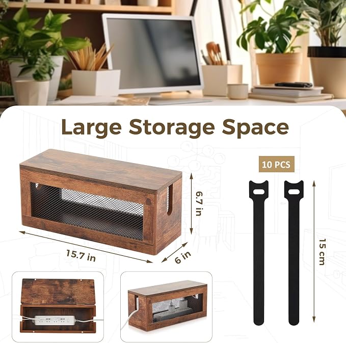 Chunful Extra Large Cable Management Box, 16'' Wood Cord Box Organizer with Ventilation Nets & Organizer for Power Strip, TV Wires & Desk Cable Storage, Magnetic Lid Hide Floor Cables