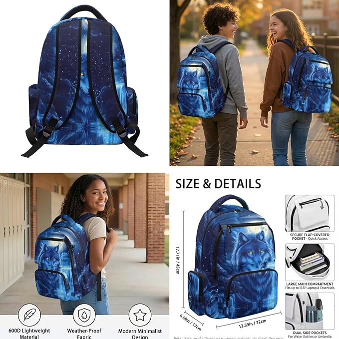Wolf Backpack with Lunch Bag for Kids 6-8, Boys Cool Mochilas Bookbag Personalized 4 Pcs Set with Lunch Box Pencil Pouch Water Bottle Holder Back-to-School Supplies