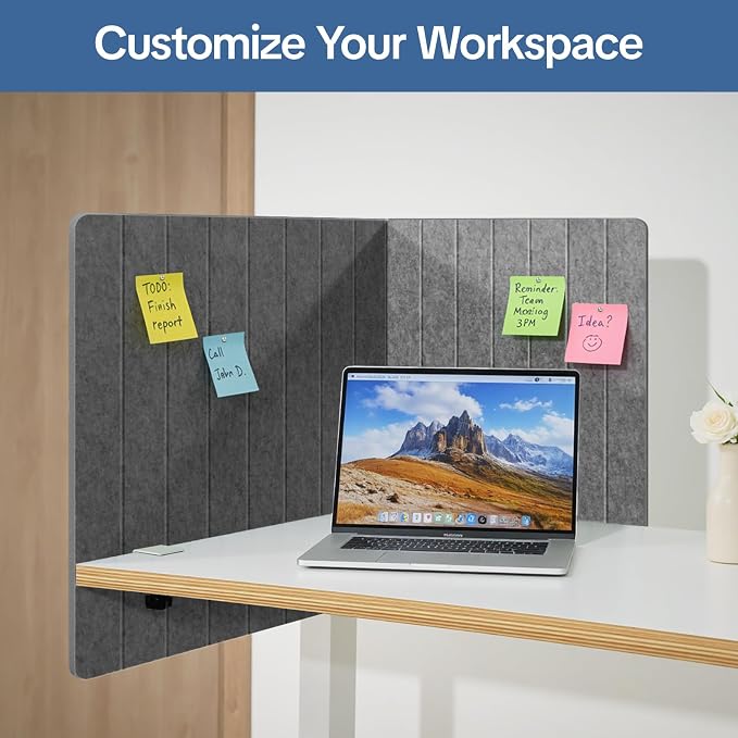 48" Desktop Privacy Screen - Sound Absorbing Felt Panel, Clamp-On Foldable Office Divider for Desk, Dark Grey