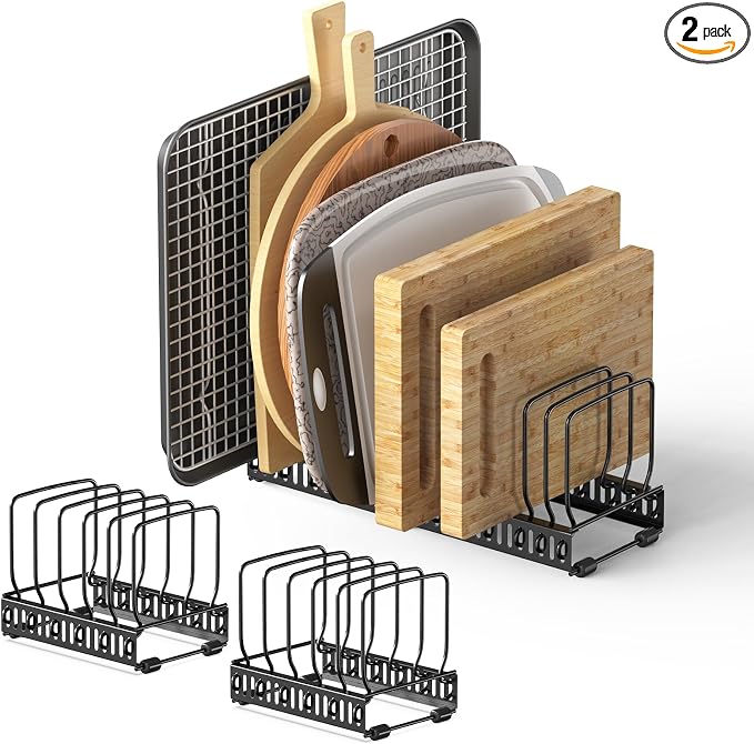 HzTinT Cutting Board and Baking Tray Cookie Sheet Organizer for Cabinet | Expandable 11.3"-22.5" Pan Organizer with 12 Adjustable Dividers, Cutting Board Holder for Cabinet or Countertop Storage