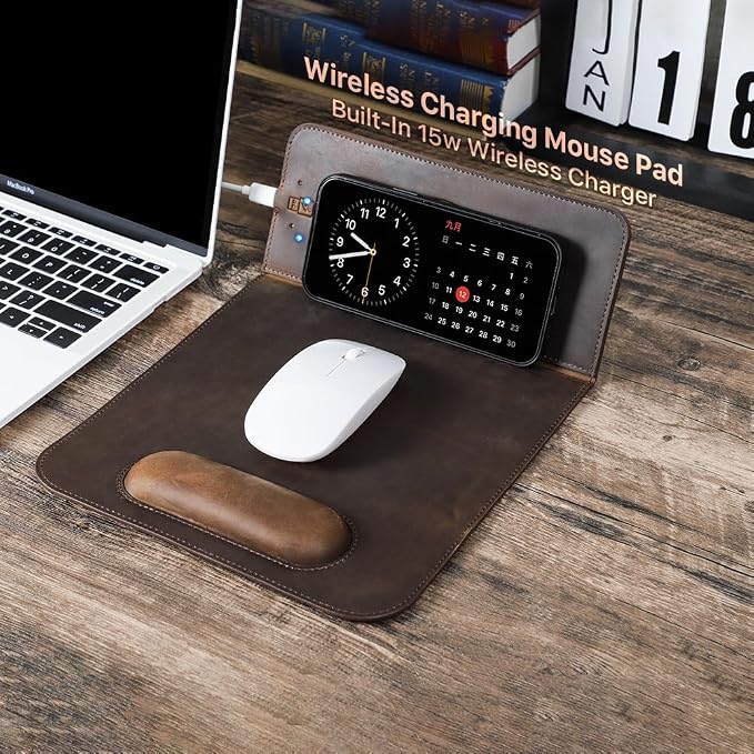 Hiram Premium Crazy Horse Leather Mouse Pad with 15W Wireless Charging - Ergonomic Wrist Rest, Waterproof, and High-End Cowhide Touch(9inx13in)