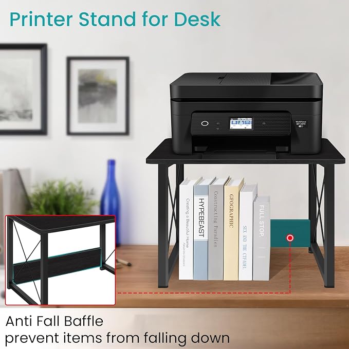 ELITEROO Desktop Printer Stand with Storage, Table Stand Small Desk Shelves | Desk Organizer shelf for Home/Office, Multi-Purpose Heavy Duty Riser for Fax Machine Copier Scanner, Black