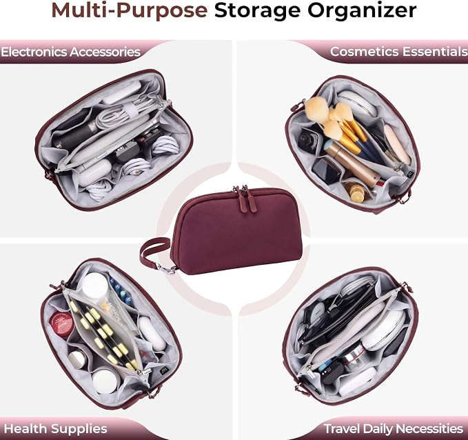 FYY Travel Cable Organizer - 8 Compartments Lightweight Water Resistant Tech Pouch with Wrist Strap, Electronic Accessories Case for Cord Charger Storage for Travel Home Office, Wine Red (Medium)