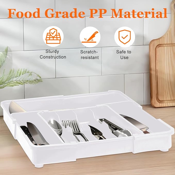 Silverware Drawer Organizer, Adjustable Utensil Tray for Kitchen Drawer, 19 x 15 Inches Flatware and Cutlery Holder, Expandable Plastic Storage for Spoons Forks Knives, 4-7 Slots, White