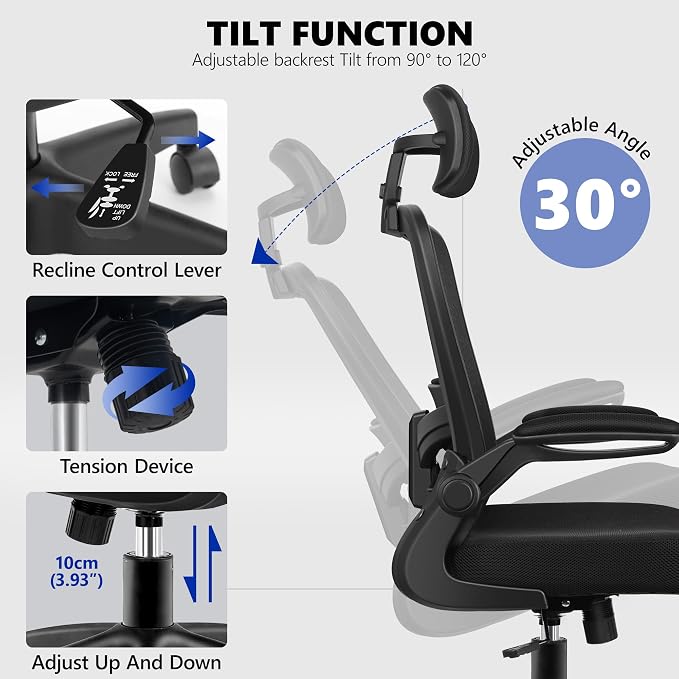 Office Chair Ergonomic Desk Chair, High Back Mesh Office Chairs with Adjustable Headrest and Flip-Up Arms, Comfortable Computer Chair for Long Hours