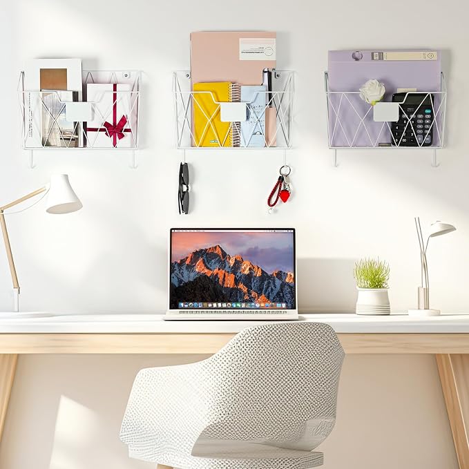 OYEAL Hanging Wall File Organizer, Vertical Wall Mounted Magazine File Holder with Hooks, 6 Pockets Mount Basket Mail Paper Holder for Office Home, White