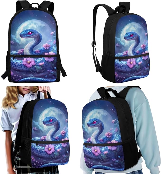 WELLFLYHOM Personalized Snake Kids School Backpack Elementary Book Bag for Girls Back Pack with Lunch Bag Pencil Case Water Bottle Cover Moon Flower Kids Daycare Bag Gift for Kids