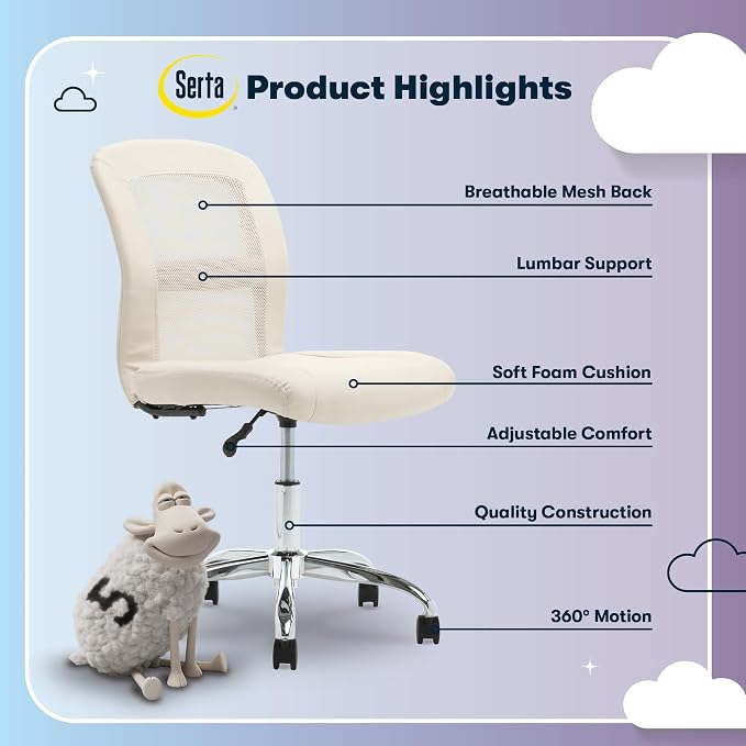 Serta Armless Small Home Desk Chair with Wheel, Ergonomic Mesh Office Chair | Leather and Foam Cusioned Seat, Adjustable Height, Small Vanity Chair for Bedroom and Small Spaces, 360° Swivels, Cream White