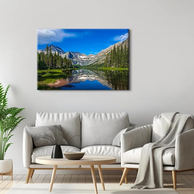 Green Forest Canvas Wall Art Colorado Mountain Lake Wall Decor for Living Room Decorations 32x48", Glacier National Park Nature Landscape Pictures Yosemite Pine Trees Scenery Framed Poster Artwork
