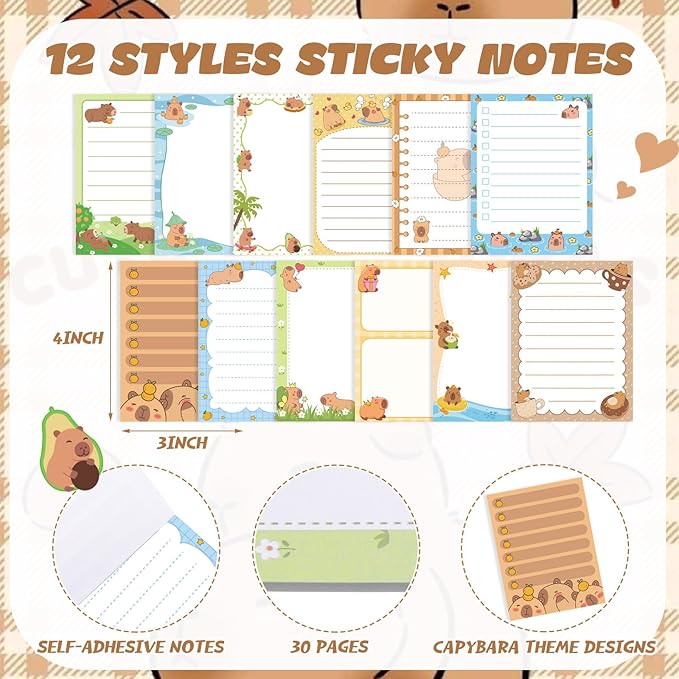 12 Pack Capybara Sticky Notes Gifts Cute Sticky Notes 3x4 Funny Gifts for Capybara Lovers Cartoon Notepads Animals Memo for Women Men Office Supplies Home Christmas Favors