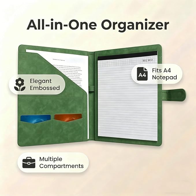 Portfolio Padfolio Binder, Faux Leather Professional Document Organizer with Business Card Holder, Letter-Sized Notepad Legal Pad Holder, Durable Executive Folder for Interviews, Meeting (Green)