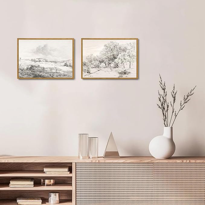 OIQArtOIQ Vintage Landscape Canvas Wall Art Framed Natural Scenery Painting Artwork Prints France Country Wilderness Farmhouse Decor Pictures Kitchen Bedroom Living Room Bathroom