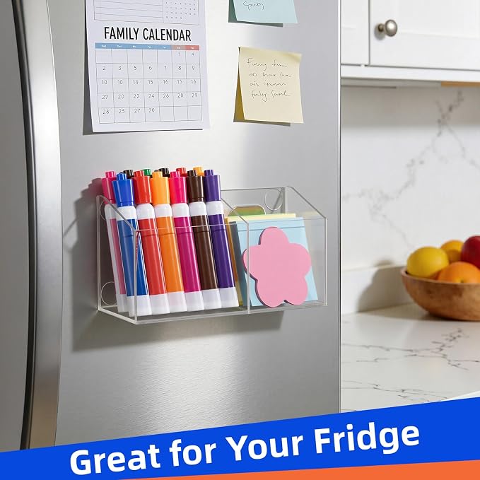Simetufy Large Magnetic Dry Erase Marker Holder, Magnetic Pen Holder, Whiteboard Marker Holder with Movable Divider for Glass, Fridge & Locker, Non-slip Acrylic Magnetic Marker Holder