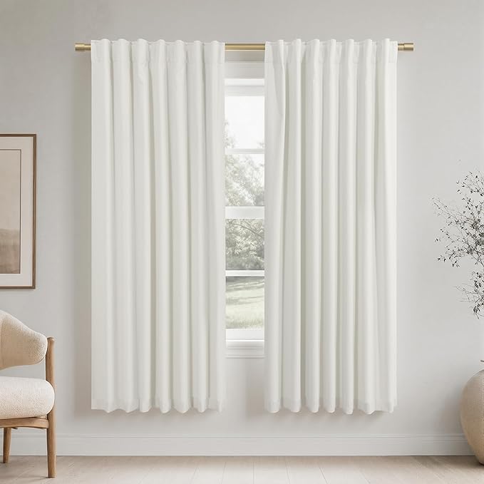 KOUFALL 52x72 Inches Long Ivory Back Tab Linen Blackout Curtains