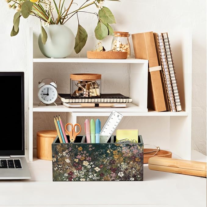 Vintage Floral Pen Pencil Holder for Desk, Moody Cottagecore Botanical Flower Wooden Box Sign Organizer for Home Room Office Bedroom Desk Accessories Tabletop Decorations