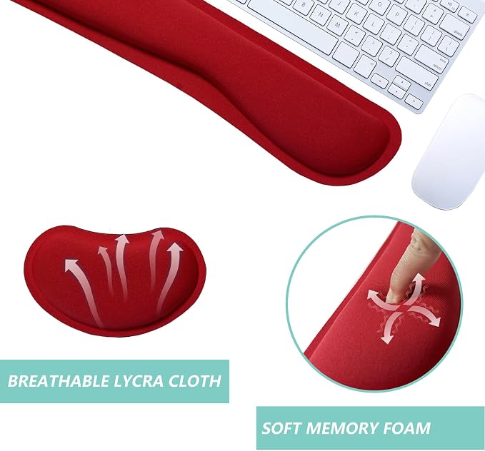 Keyboard Wrist Rest Mouse Wrist Support Set, Memory Foam Wrist Rest Pad for Computer Laptop Keyboard Mouse, Ergonomic Wrist Cushion Support for Typing Pain Relief, Gaming Home Office, Red
