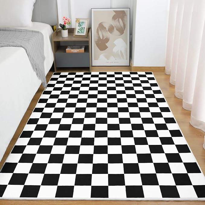 Terrug Black and White Checkered Rug for Bedroom,4x6 Area Rugs Washable with Non Slip for Living Room,Soft Low Pile Stain Resistance Retro Carpet for Dorm Kids Room