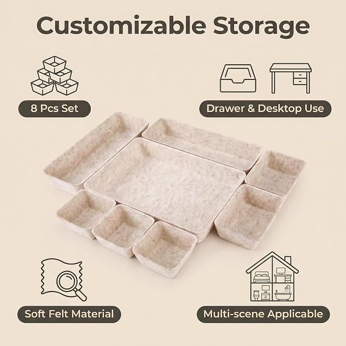 Desk Drawer Organizer Bins, 8pcs Felt Shallow Bathroom Storage Trays, Office Accessories & Workspace Organizers Jewelry & Makeup Boxes Containers(Beige)