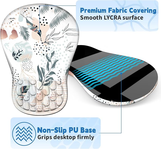 YIWEI Ergonomic Mouse Pad with Wrist Rest - Comfortable Office Mousepad with Memory Foam Wrist Support for Carpal Tunnel Relief, Mouse Pads with Non-Slip Base for Gaming and Home (Boho Leaves)