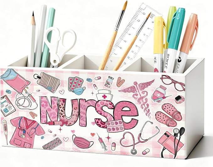 Pink Nurse Pen Holder, Nurses Appreciation Gifts Pencil Holder for Desk, Nurse Office Decor, Nursing Nurses Gifts for Women Wooden Box Sign Decorations for Office Desk Tabletop