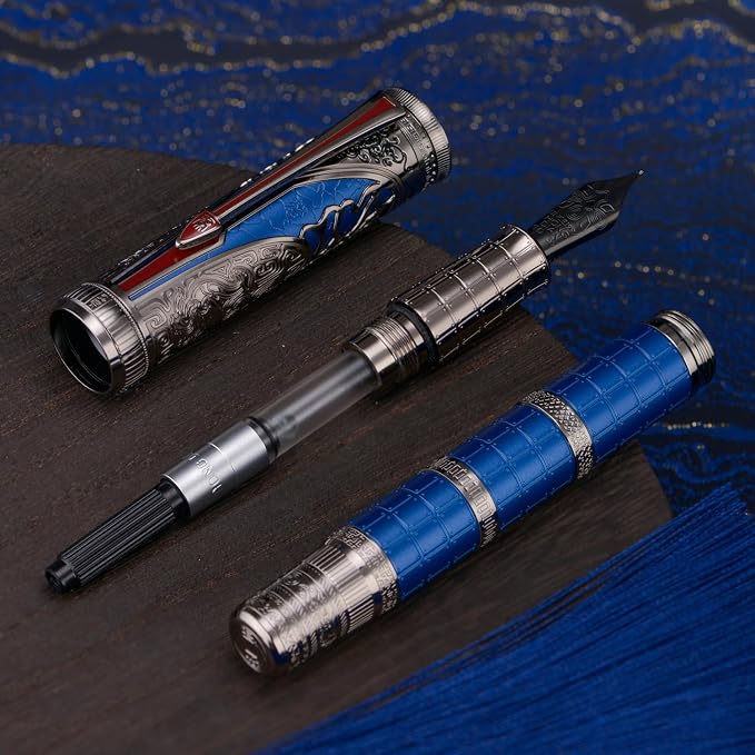 Hongdian D5X Fountain Pen Blue Color Medium Nib, Qin Dynasty Retro Chinese Totem Engraving Smooth Writing Pen with Converter and Pen Box Set