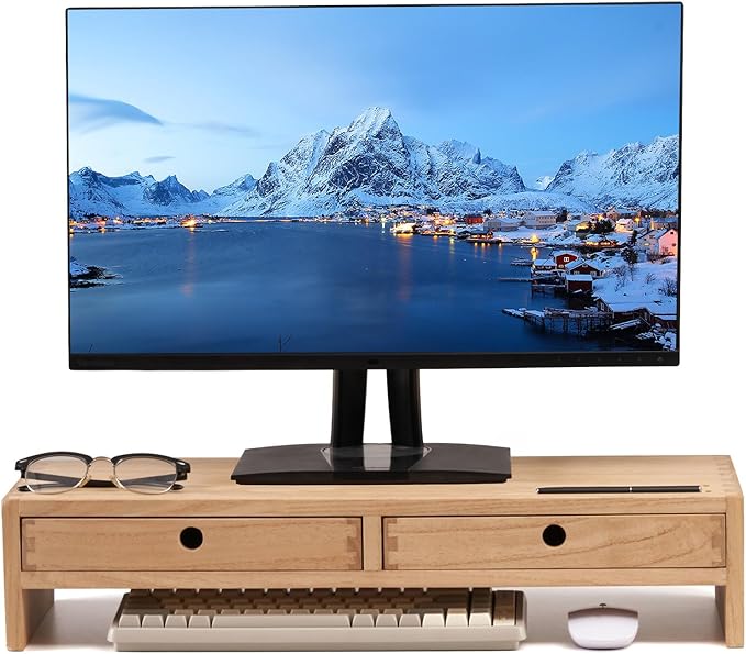 KIRIGEN Wood Monitor Stand with 2 Drawers, Solid Wood Computer Monitor Riser for Desk, Desktop Organizer Shelf with Cable Management, Pen Slots, Natural, No Assembly PMJ-NA