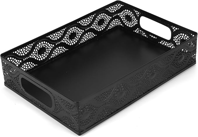 Desk Drawer Organizer, A4 Large Metal Mesh Desk Rrganizer Tray, Versatile Storage Box Set for Office Home Supplies,Carved Hollow Floral Desk Tray, 13 x 9 inches (1, Curved)