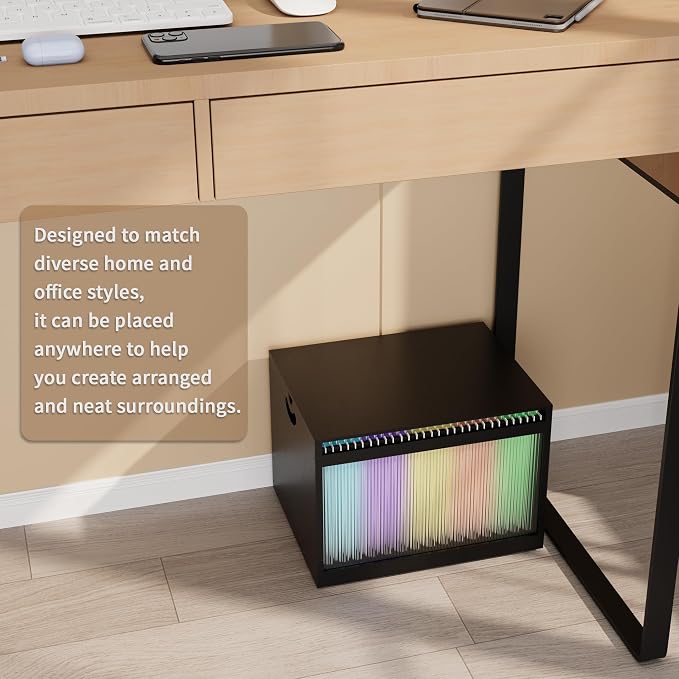 Bamboo Hanging File Organizer, Desktop File Box with Lids, 1 Pack, Black | Removable Lid, Clear Acrylic Side Panels, 2 Hanging Folders Included, Helps Reduce Dust, Letter & Legal Size, Easy Assembly