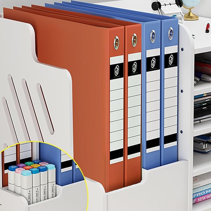 Bamboo Desk Organizer, Desktop Wood Bookshelf File Organizer, Pen Holder and Tissue Holder, 1 Drawer with lock for Office, Home, Need to Install (White)