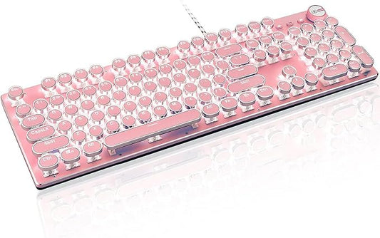 Typewriter Style Retro Wired Mechanical Gaming Keyboard, Vintage Steampunk with White LED Backlit, 104-Key Anti-Ghosting Blue Switch Cute Keyboard, Round Keycaps Knob Control for PC/Win/Mac/Laptop