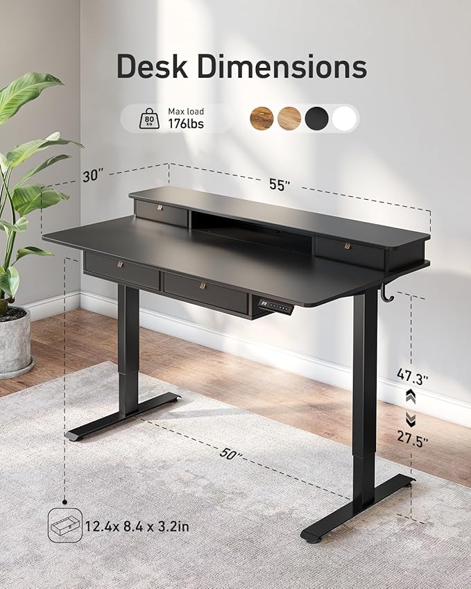 CubiCubi 55" x 30" Standing Desk with Drawers, Height Adjustable Electric Workstation, Computer Sit Stand Up Table with Large Storage Shelf 4 Drawers and 2 Hooks, Black