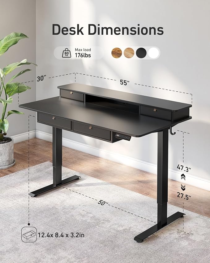 FEZIBO 55 x 30 inch Standing Desk with Drawers, Height Adjustable Electric Workstation, Computer Sit Stand Up Table with Large Storage Shelf 4 Drawers and 2 Hooks, Black | Height Adjustable Workstation, Computer Sit Stand Up Office Table with Large Sto...